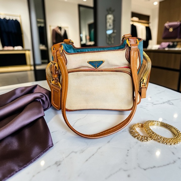 Prada Handbags - Prada Vintage Beige Mixed Material Multicolor Bag w/Leather Trim & Teal Interior